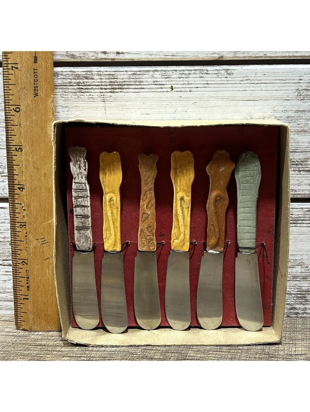 Vintage Boston Warehouse Butter Spreader Cheese Knife 6 Pc. Set Zoo Animals